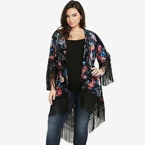 Torrid velvet burnout fringe open floral kimono black 0/1